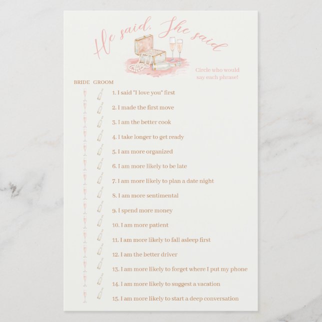 Pearls & Prosecco He Said She Said Bridal Games (Frente)