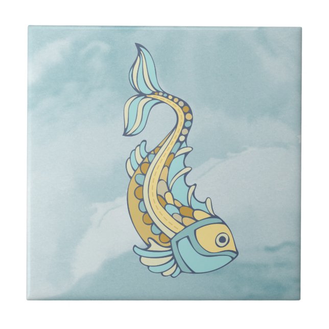 Peixe Arte Azul Mosaico Náutico (Frente)