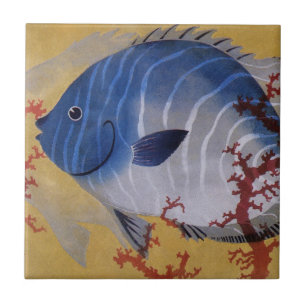 Peixe Azul Tropical Vida Marinha Coral Vintage