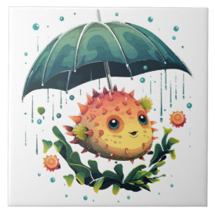 Peixe Baiacu Dia Chuvoso Com Guarda-Chuva