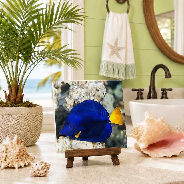 Peixe Borboleta Azul Recife de Coral Peixe do Ocea (tropical beach theme decorative ceramic tile with blue butterfly fish coral reef in coastal bathroom)