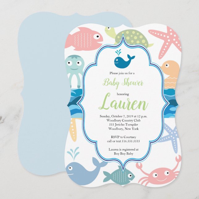 Peixe e criaturas marinhas convite de chá de frald (Frente/Verso)