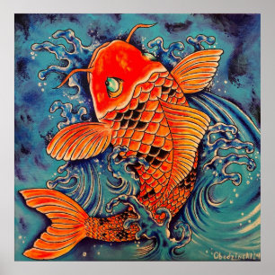 "Peixe Koi" Estilo de Tatuagem Poster