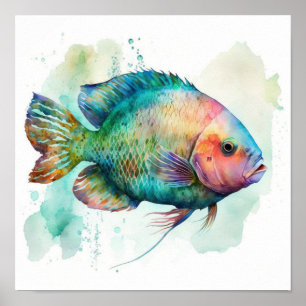 Peixe papagaio em pôster de aquarela