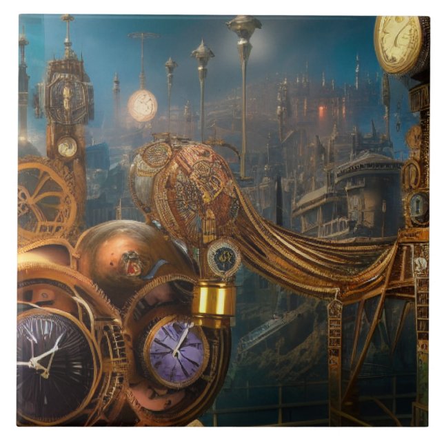 Peixe-relógio futurista industrial Azulejo cerâmic (Frente)