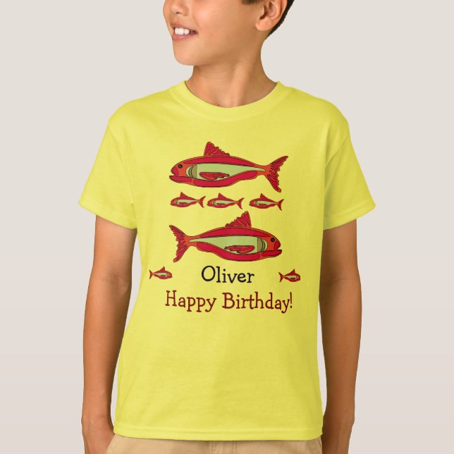 Peixe Vermelho Para Crianças Camisas Feliz Anivers (Frente)
