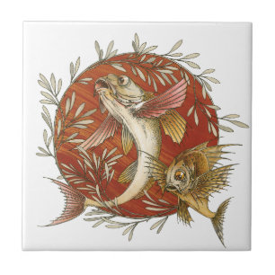 Peixe Voador Japonês e Folhas de Bambu Arte Vintag