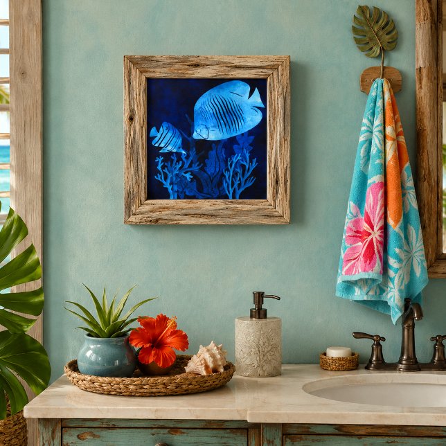 Peixes Azuis Mar Azul Profundo Tema Vida Marinha O (watercolor illustration of blue angelfish and butterfly fish ocean marine life ceramic tile
)