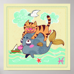 Peixes de Peixes de Gato Zodiac Nursery Impressão