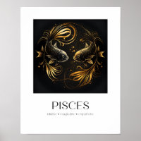 Peixes Poster Black e Dourado Dom Zodiac Elegante