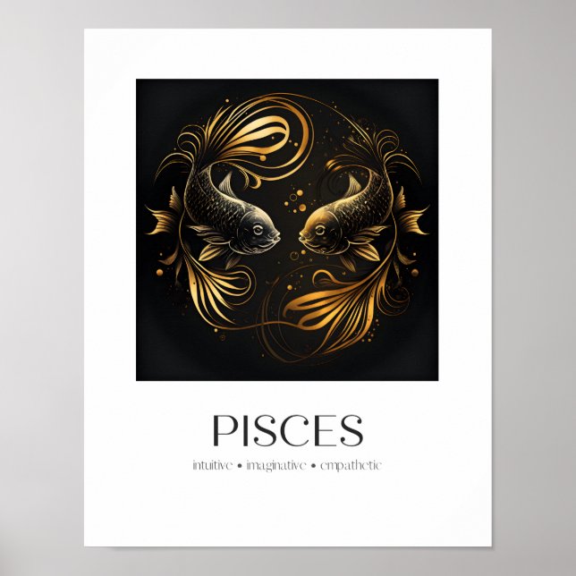 Peixes Poster Black e Dourado Dom Zodiac Elegante (Frente)