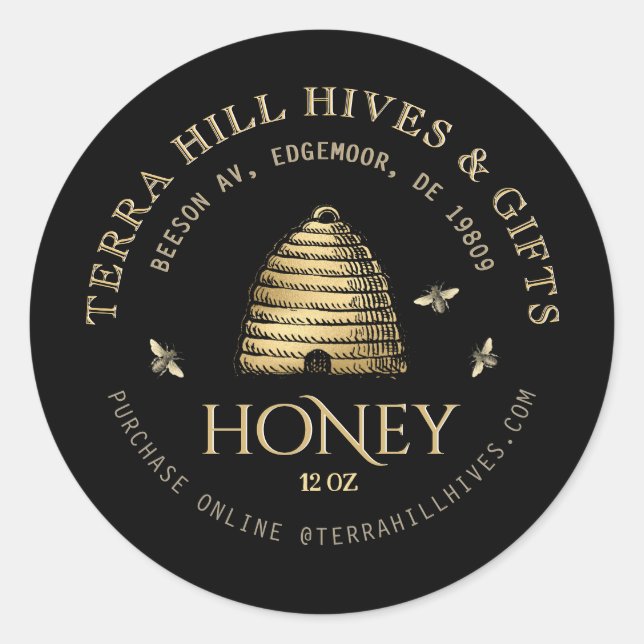 Pele com Abelhas na Etiqueta de Mel Preta e Dourad (Frente)