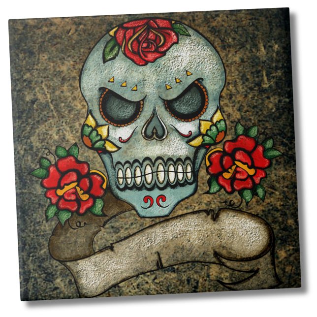 Pele de Açúcar Flor (Dia De Los Muertos Rose Sugar Skull Ceramic Tile)
