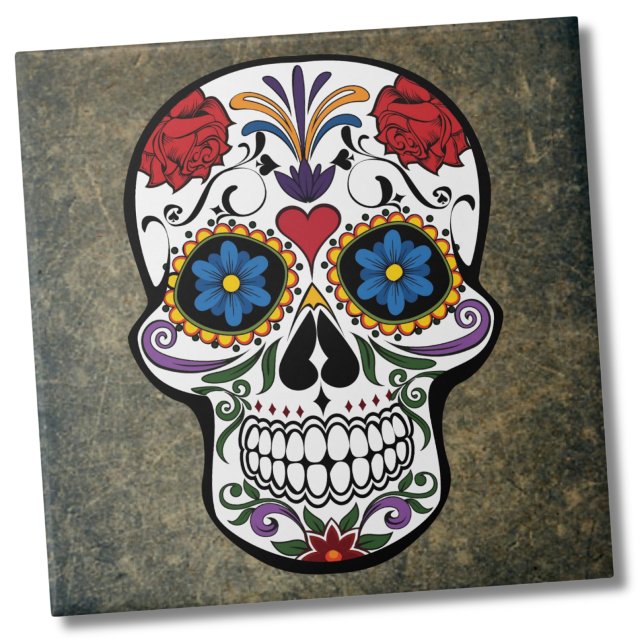Pele de Açúcar Flor (Dia De Los Muertos Red Roses Sugar Skull Ceramic Tile)