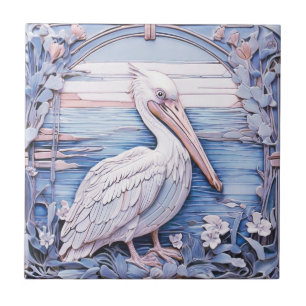 Pelican Bird Art Nouveau Faux Alivio R Ocean Blue