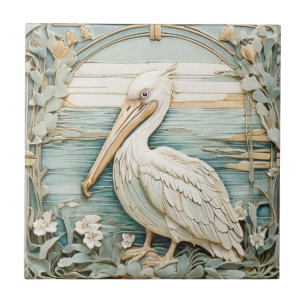 Pelican Sea Bird Art Nouveau Faux Alivio Mint