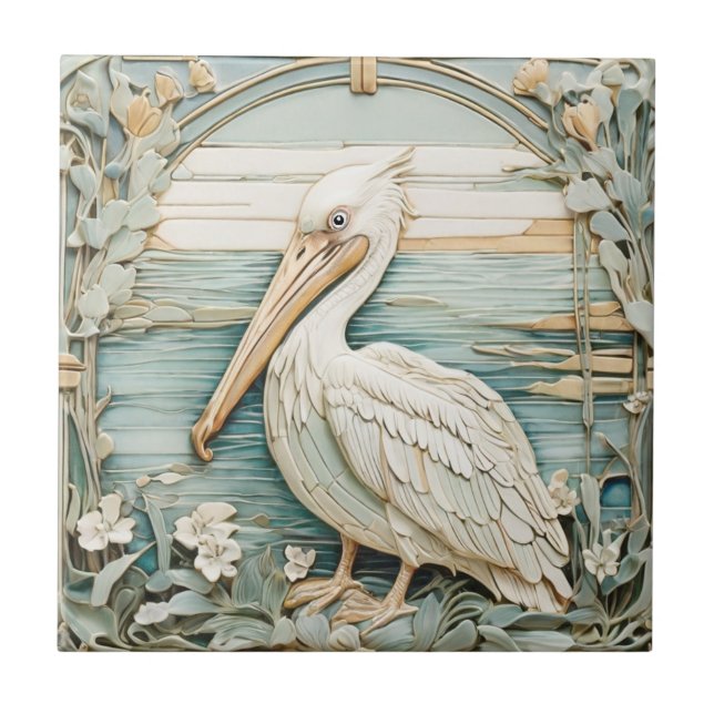 Pelican Sea Bird Art Nouveau Faux Alivio Mint (Frente)
