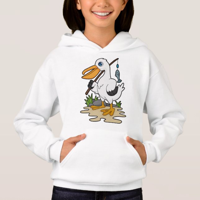 Pelicano como pescador com cana de pesca e peixe (Frente)