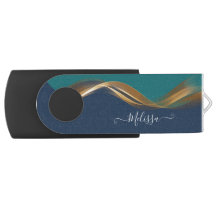 Teal Azul Onda Dourada Elegante com Nome