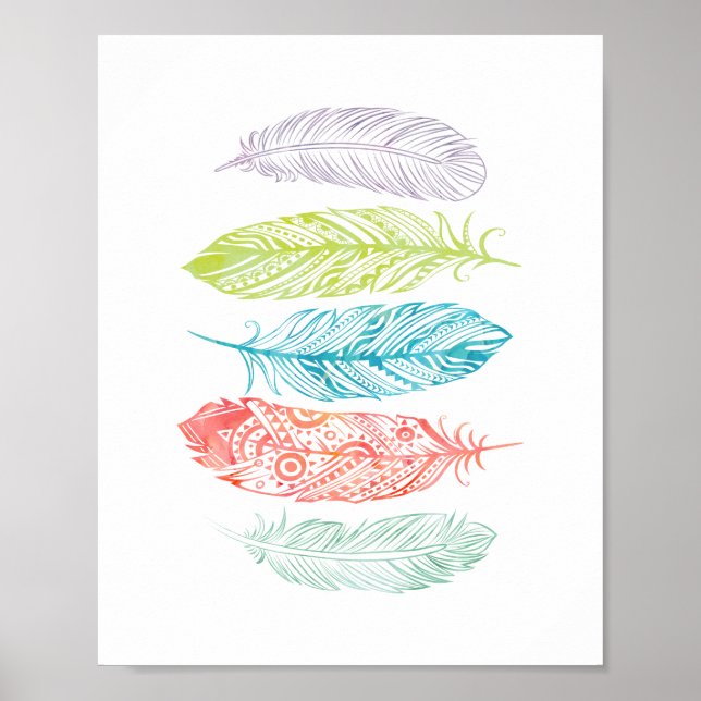 Penas com Aquarelas Multicolores Impressão Poster (Frente)