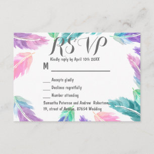 Penas com cor d'água pintadas RSVP de casamento