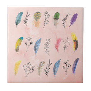 Penas de Aquarela Boho com Desenhos Florais à Mão