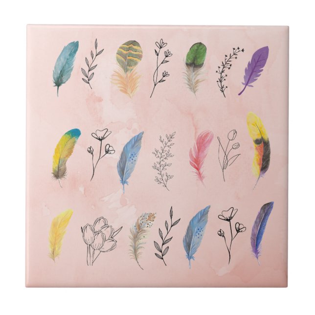Penas de Aquarela Boho com Desenhos Florais à Mão (Frente)