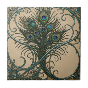 Penas de Pavão Arte Nova Ornada Moldura Azul