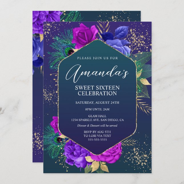 Penas de Peacock e Convite de Aniversário Floral (Frente/Verso)