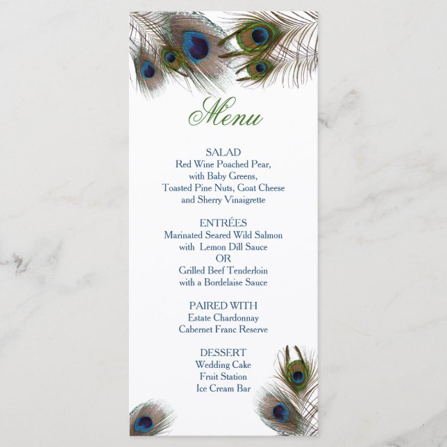 Penas de Peacock, Menu Casamento Personalizado (Frente)