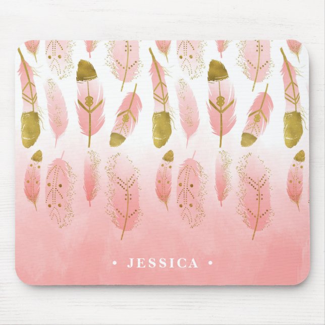 Penas Douradas e rosa-boêmicas Ombre Mousepad (Frente)