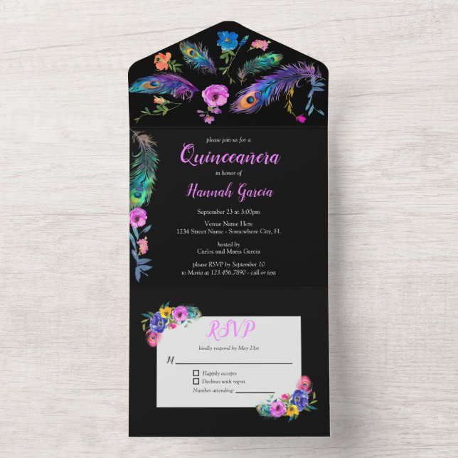 Penas e flores de peacock Quinceañera Black (Interno)