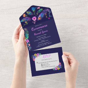Penas e flores de peacock Quinceañera Dark Purple
