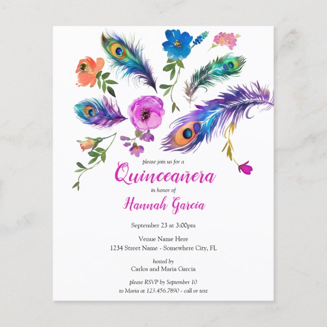 Penas e flores Orçamento Quinceañera Convite (Frente)