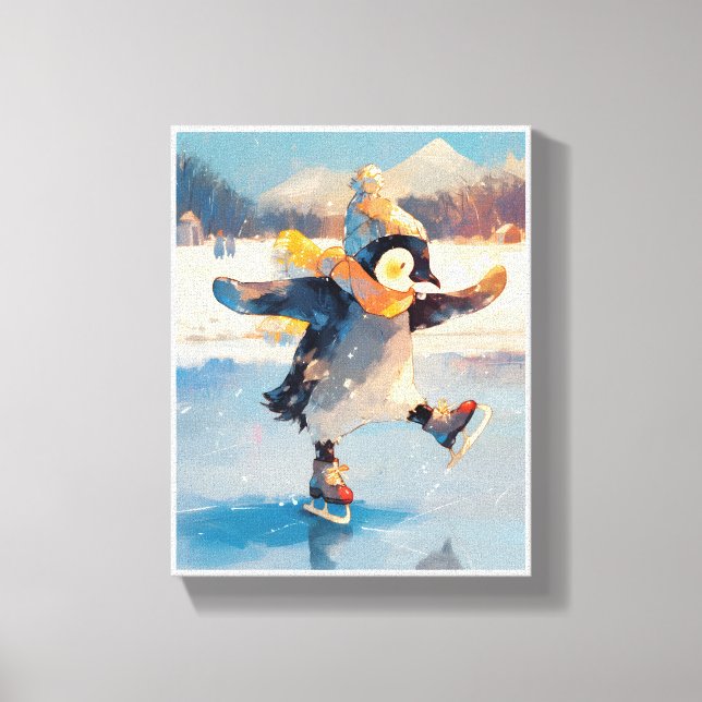 Penguin Ice Skating Winter Nursery Wall Art Canvas (Frente)