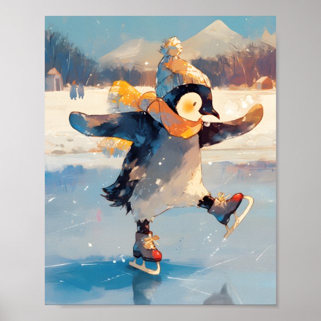 Penguin Ice Skating Winter Nursery Wall Art Poster (Frente)