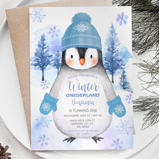 Penguin tricotou Hat Snowflakes Convite de Anivers (Criador carregado)