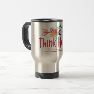 Pense em caneca de viagem prateada feliz