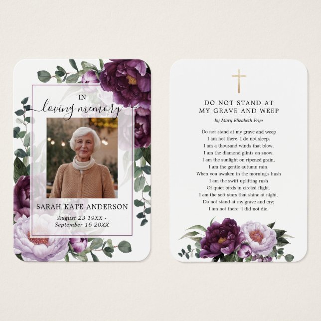 Peônias Ameixas Cartão de Poema de Funeral Em Memó (Frente & Verso)