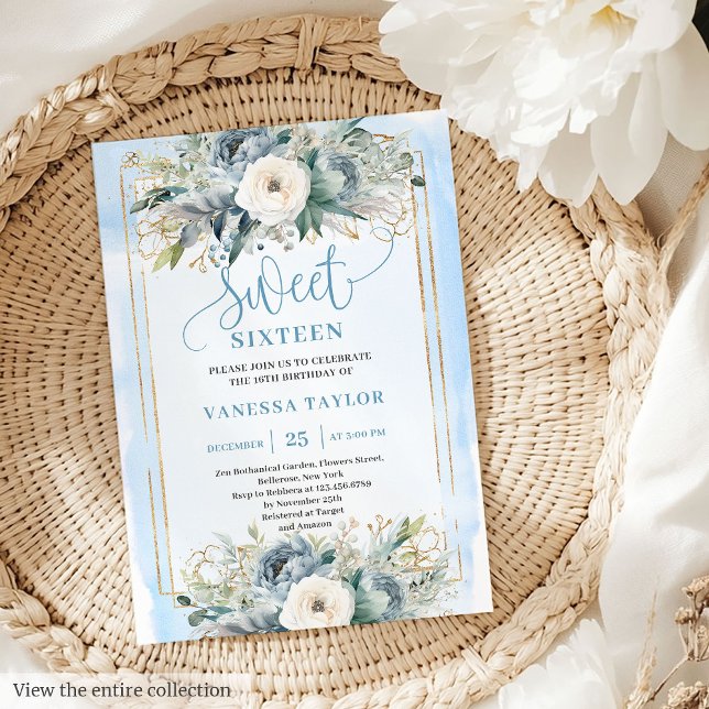 Pêonias Brancas Azuis Bonitas 16 Doces Convite (Cute Dusty Blue White Peonies Sweet 16 Invitation)