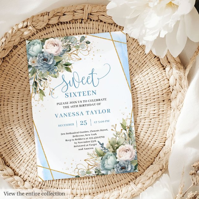 Pêonias Brancas Azuis Glamorosas Doces 16 Convites (Glamorous Dusty Blue White Peonies Sweet 16 Invitation)