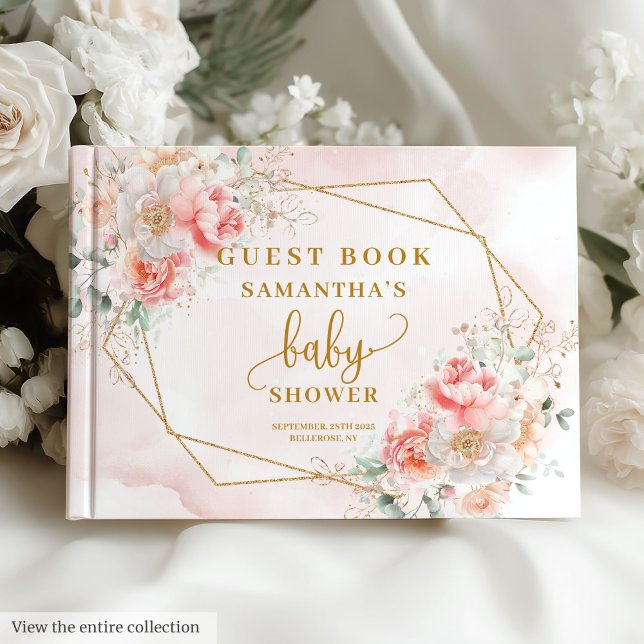 Pêonias cor-de-água, cor-de-rosa, livro de hóspede (Powder pink gold peonies girl baby shower guest book

)