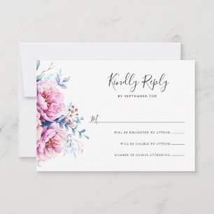 Peônias cor-de-rosa Placa RSVP Floral de Aquarel