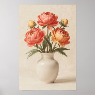 Peônias Corais em um Vaso de Marfim Poster Floral