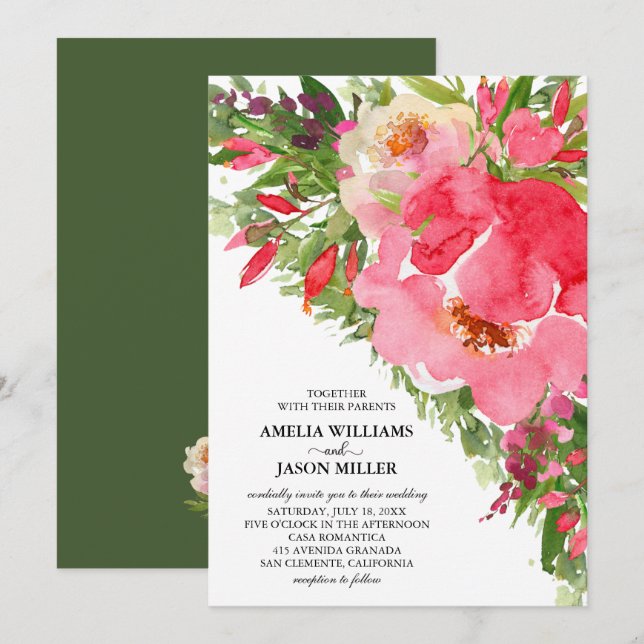 Peônias de aquarela Convites para Casamento Floral (Frente/Verso)
