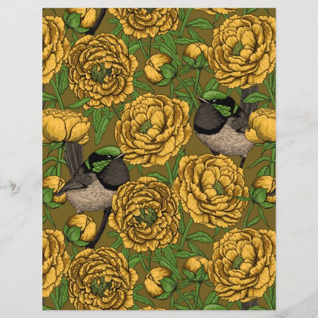 Peônias e wrenes, amarelas e verdes (Frente)