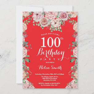 Peônias Rosa Floral Convite de Aniversário de 100