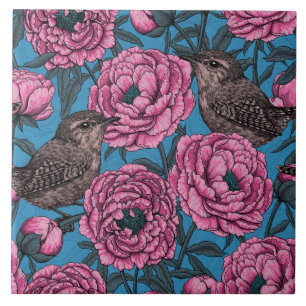 Peonies and wrens on blue