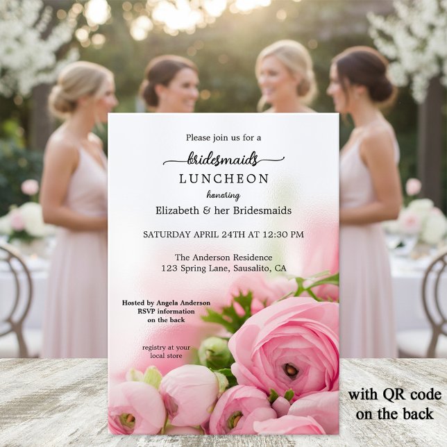 Peonies Bridesmaid Luncheon Convite (Bridesmaid's luncheon invitation featuring elegant script on pink peonies - with QR code template)