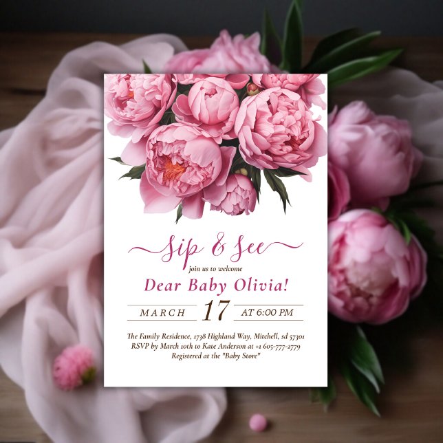 Peonies Cor de Água Rosa e Ver Convite (Pink Peonies Watercolor Sip and See Invitation)